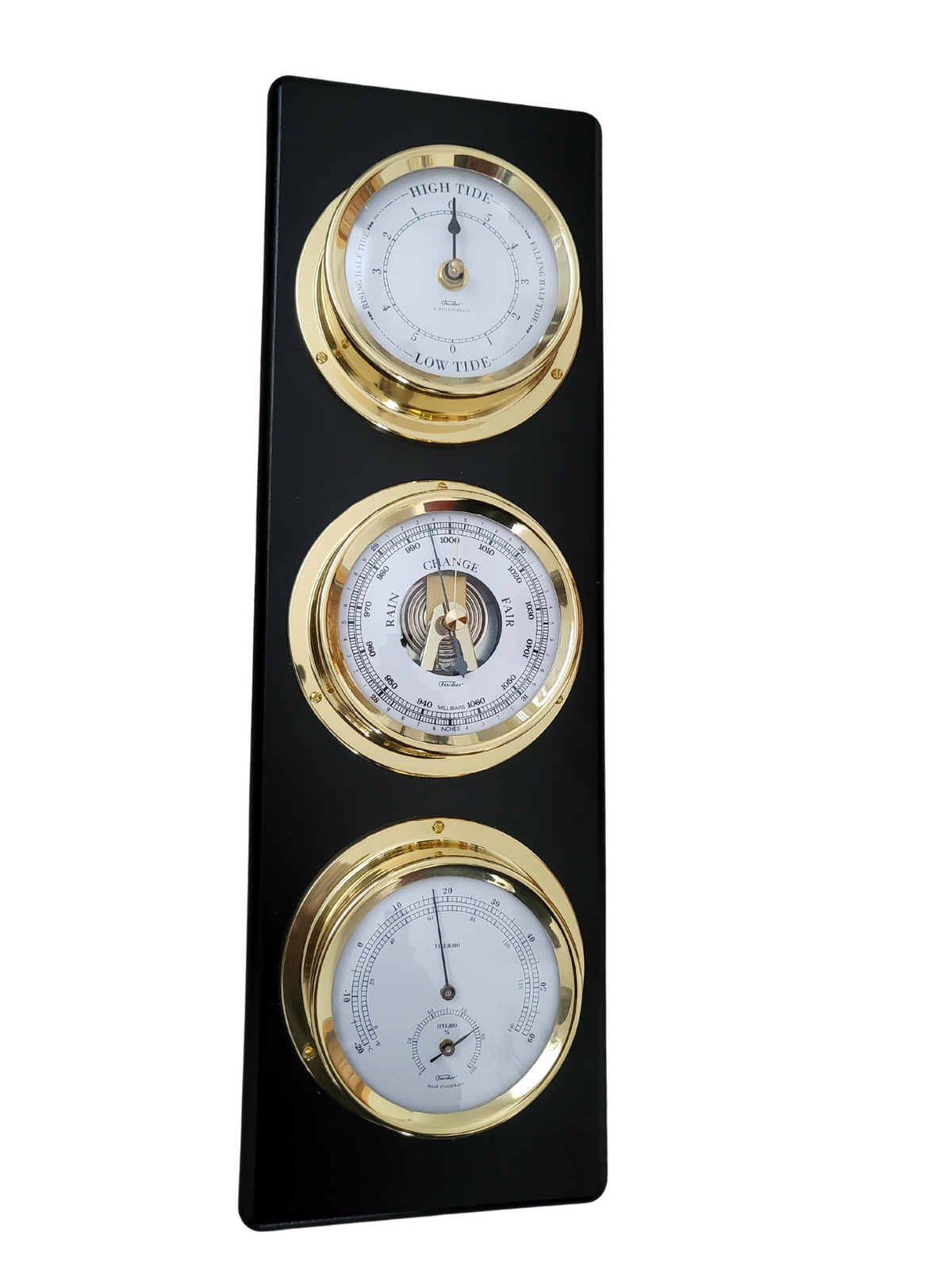 Modern Ebony &amp; Brass Weatherstation – 4-in-1 Hygrometer, Barometer, Thermometer &amp; Tide Clock